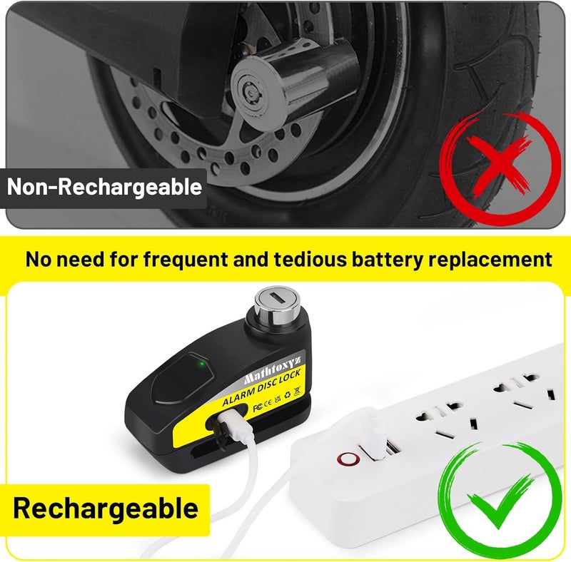 Mathtoxyz Motorcycle Lock Rechargeable, 120dB Alarm Disc Brake Locks Anti-Theft Security Wheel Disc Lock Waterproof with 5ft Reminder Cable and Carry Pouch for Motorbike Bike Scooter - Image 3